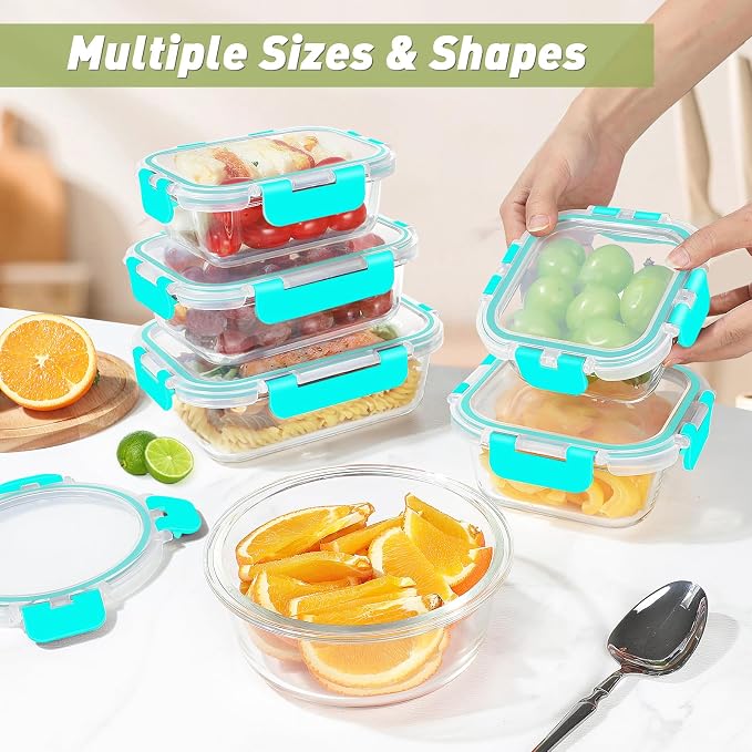 BAYZZ 24 Piece Glass Food Storage Containers with Lids, Airtight Glass Meal Prep Containers for Kitchen, BPA-Free Lunch Box, Microwave and Freezer Safe,Green