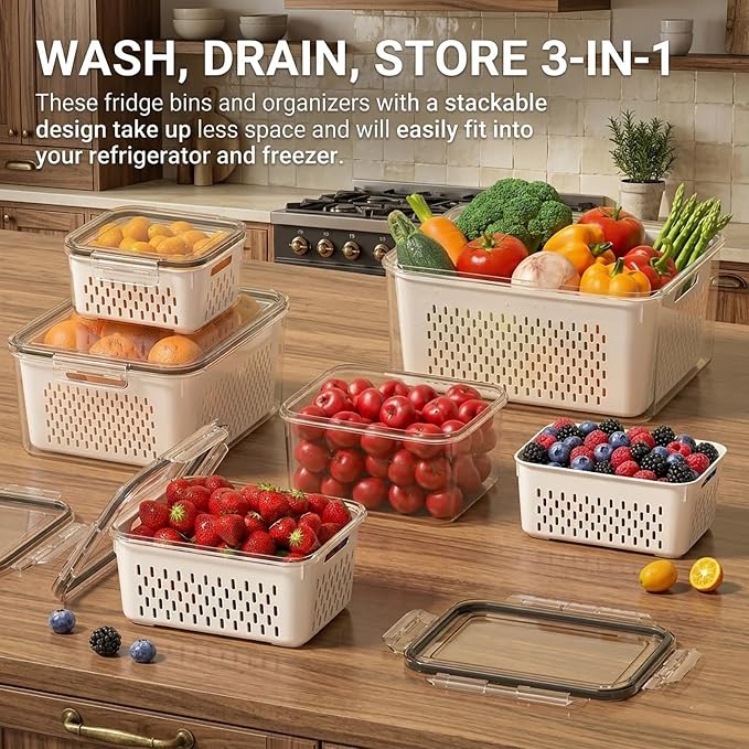 Fruit storage containers for fridge, with detachable drainer basket and airtight seal, stackable produce organizer, prolongs freshness of berries, greens, meats