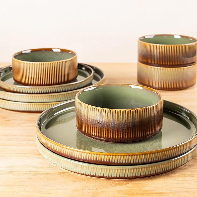 Ceramic Dinnerware Set for 4, 12-Piece Plates and Bowls Set | Lightweight Porcelain Dish Set, Scratch Resistant, Oven & Microwave & Dishwasher Safe, Sage Umber