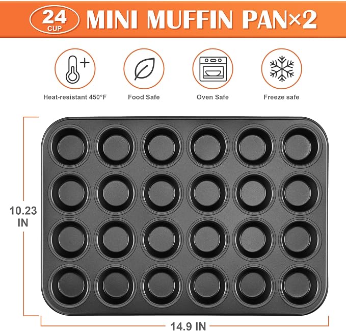 E-far 24-Cup Mini Muffin Pan, 2-Pack Nonstick Carbon Steel Cupcake Pans | Muffin Tins for Baking Mini Muffins & Cupcakes, Warp-Free for Even Baking & Easy Release, Oven Safe