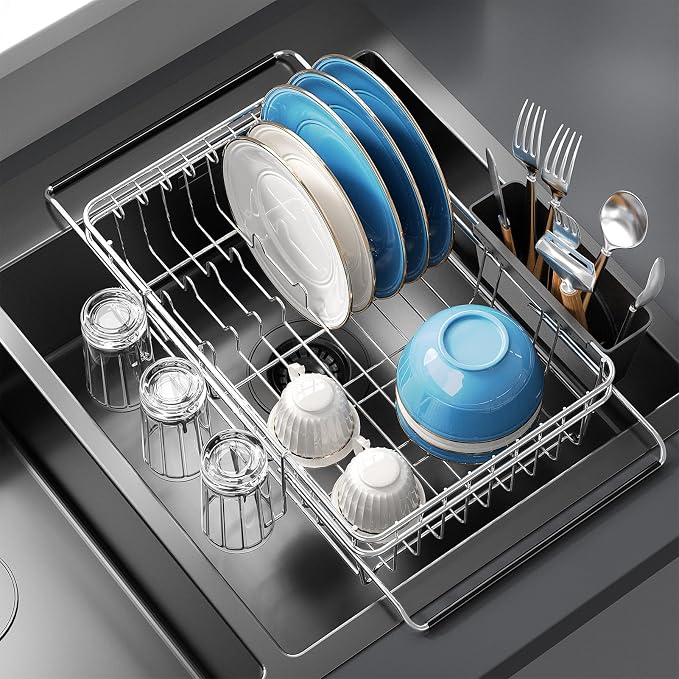 Delamu Over The Sink Dish Drying Rack for Small Kitchen | Expandable Stainless Steel Dish Rack in Sink, Dish Drainers for Kitchen Sink with Cup & Utensil Holder, Rustproof, Small