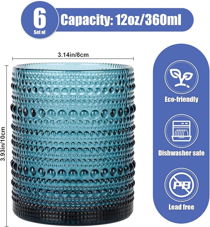 ZMOWIPDL Drinking Glasses Set of 6,12oz Blue Hobnail Glass Cups | Vintage Glassware，Embossed Water Tumbler,for Beer,Cocktail,Whiskey,Juice and Various Mixed Drinks- 1 Cleaning Brus