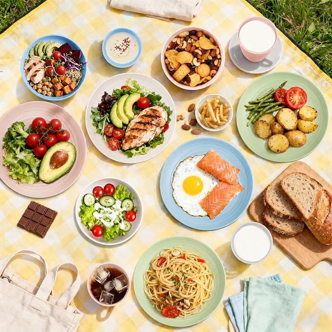 Wheat Straw Dinnerware Sets for 4, 16 Piece Unbreakable Kids Dinnerware Set, Toddler Plates and Bowls Sets, Kitchen Plates and Bowls Set, Lightweight Dish Set for Travel Camper Dishes - Colorful