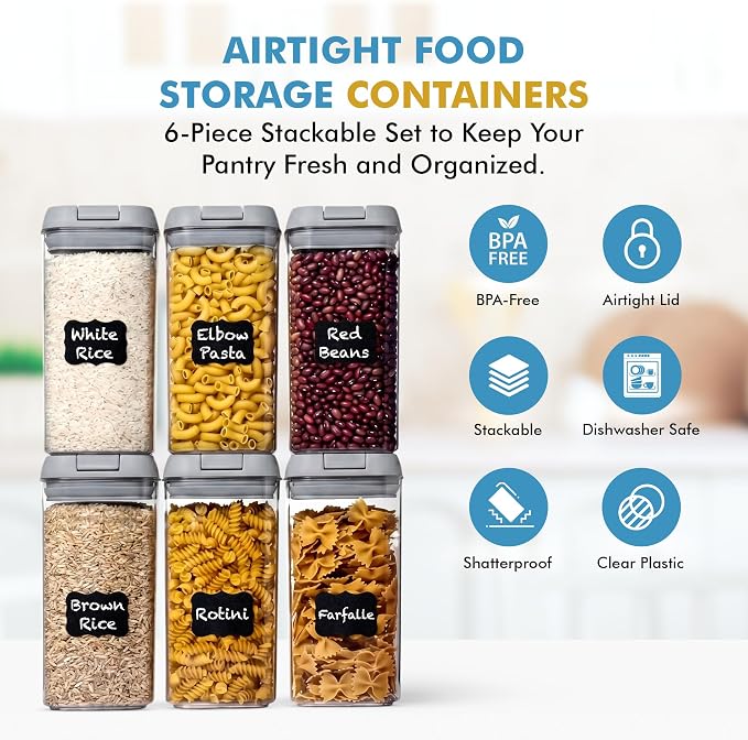 Shazo Airtight Food Storage Containers with Lids - 6 PC BPA Free Clear Plastic Cereal Containers with Easy Lock Lids for Kitchen and Pantry Organization for Snacks and Pasta - 1.2L