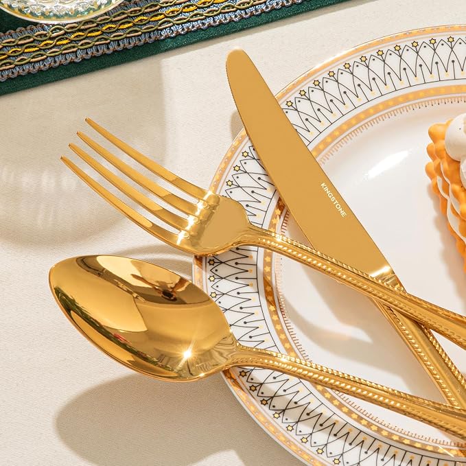 40 Pcs Gold Silverware Set, 18/10 Stainless Steel Flatware for 8 | Vintage Cutlery Set for Kitchen, Home, Wedding, Party, Mirror Polished and Dishwasher Safe, Featured Gifts