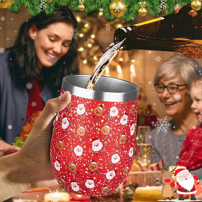 Christmas Wine Tumbler 12 oz Stainless Steel Wine Tumble Insulated Wine Tumbler with Lid Christmas Wine Glass Gifts with Straw and Brushes for Women Men Xmas Wedding Party (Red)