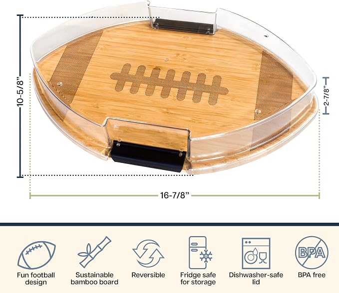 Totally Bamboo Flip, Serve & Store Football Charcuterie Board with Lid | Football-shaped serving board with locking travel cover for tailgates and game day parties. Prep side includes juice groove.
