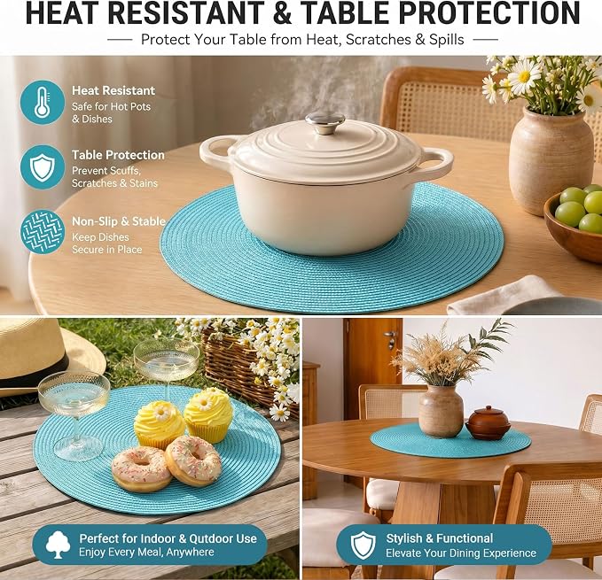FunWheat Round Braided Placemats Set of 4 Table Mats for Dining Tables Woven Washable Non-Slip Place mats 15inch (Turquoise, 4pcs)