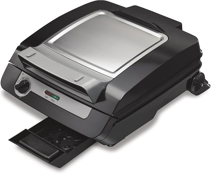 Hamilton Beach 4-in-1 Electric Indoor Grill & Electric Griddle Combo | 200 sq. in. PFAS-Free Non-Stick Cooking Surface Opens | Removable Interchangeable Grill & Griddle Plates | Black & Silver