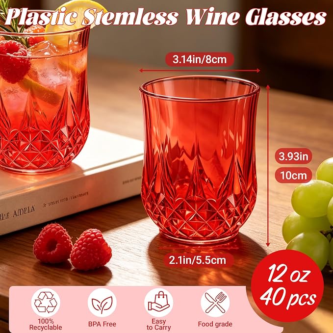 40 Pack Plastic Stemless Wine Glasses, 12oz Unbreakable Wine Cups | Reusable Fancy Vintage Drinking Glass Bulk for Cocktail, Whiskey, Juice, Elegant Decor for Wedding, Party & Holiday Events