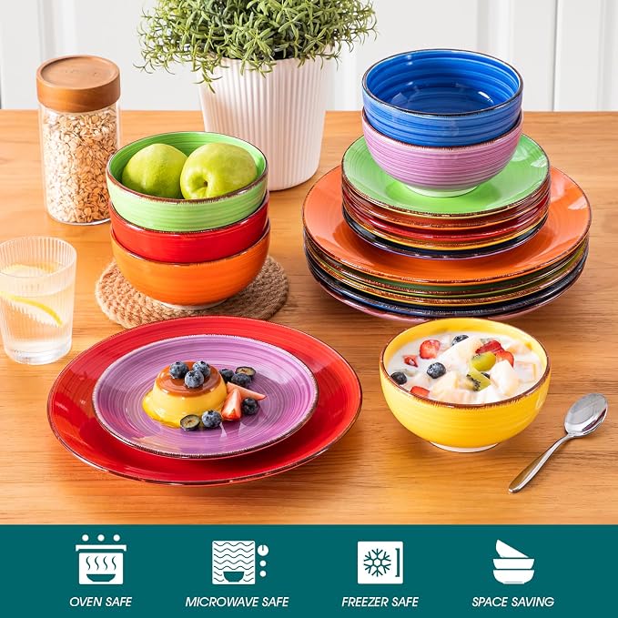 vancasso Bonita Dinnerware Set Multicolor Stoneware 18 Pieces Service for 6 | Handpainted Spirals Pattern Stoneware Plates and Bowls Set, Modern Round Dishes Sets, Microwave and Dishwasher Safe