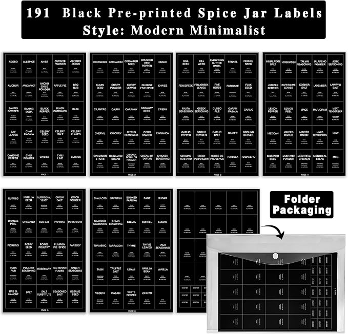 GPOVVIMX 191 Spice Jar Labels Preprinted Minimalist Stickers - Matte Black Waterproof Label - Fit Round or Rectangle Spice Jars - Herb Seasoning Kitchen Pantry Labels