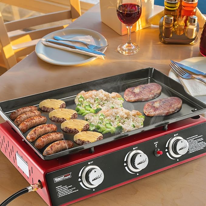 Royal Gourmet PD1301R 3-Burner Tabletop Propane Gas Griddle with Cover | 24 Inch Portable Griddle, Red | 25,500 BTUs Output, 319 sq. in. cooking area | for Outdoor Cooking, Camping or Tailgating