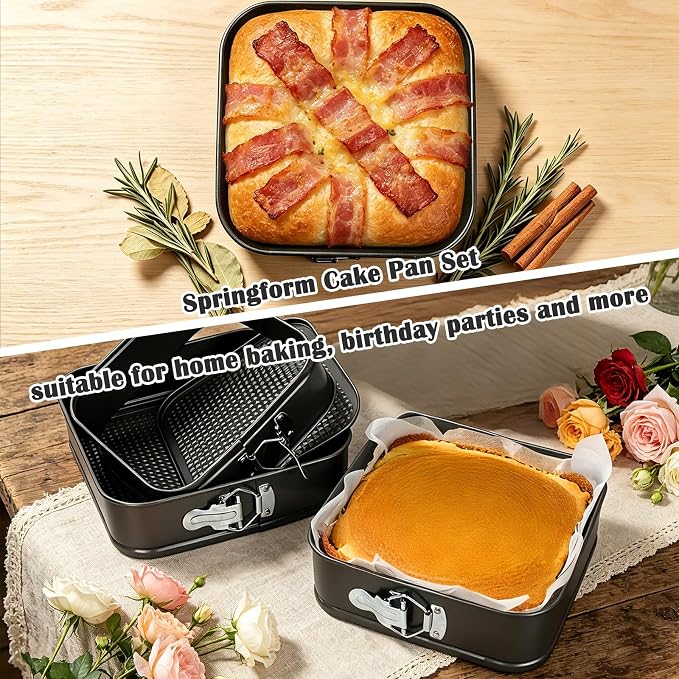 3Pcs Springform Pan, Square Removable Bottom(8/9/10 Inch) | Cake Pan, Leakproof, 50 Pcs Parchment Paper Liners, Nonstick Cheesecake Pans, Baking Tools, home bakery
