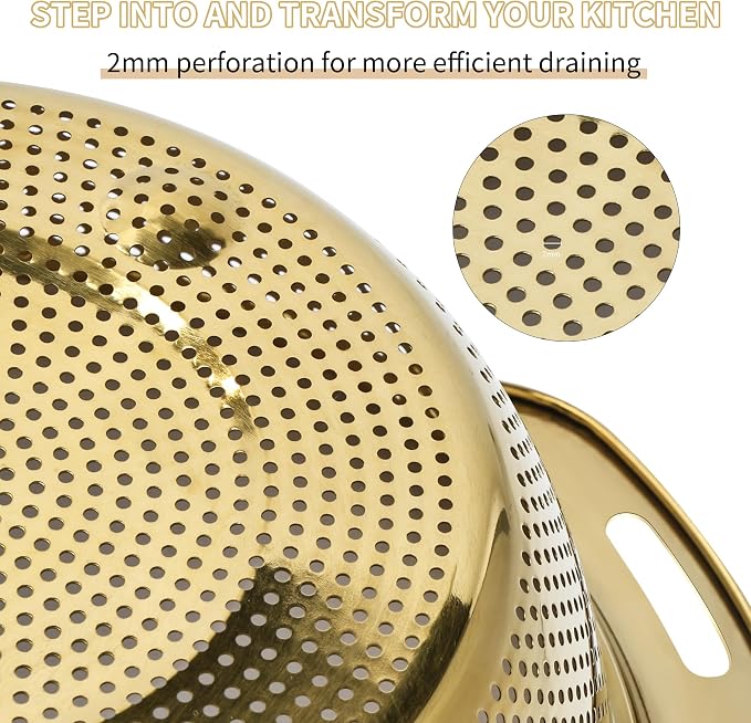 Gulex Colander Stainless Steel 5-quart with Bowls, Strainer Kitchen, Gold