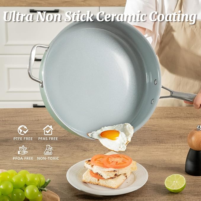 Nonstick Sauté Pan with Lid 5 QT Deep Frying Pan with Stainless Steel Handle 12 inch Large Skillet Ceramic Jumbo Cooker for Cooking Induction Compatible Frying Pan, Green