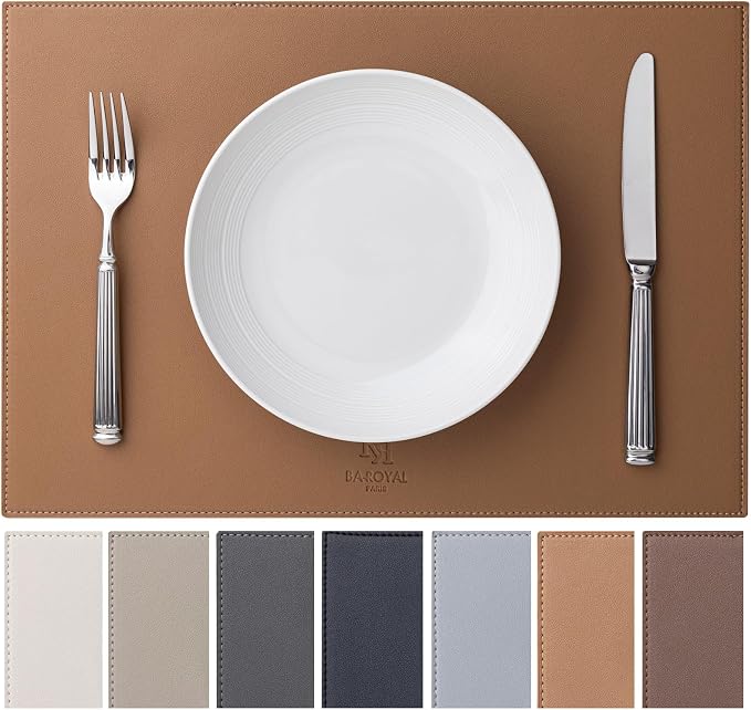 Baroyal Faux Leather Placemats Set of 6 Vinyl Washable Wipeable Table Mats for Kitchen Dining Table Heat Resistant Waterproof Indoor/Outdoor Placemats Non-Slip Easy Clean Place Mats (British Khaki)