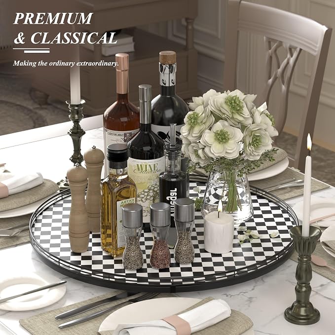 AMH 24-Inch Black and White Checkerboard Lazy Susan Decorative Tray | Smooth rotating oak tray with walnut finish for dining tables, kitchen counters, pantries and cabinet storage.