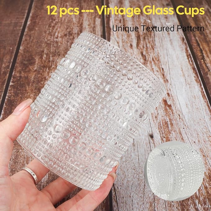 10 oz Hobnail Drinking Glasses,12 Pack Embossed Clear Tumblers | Vintage Glassware Beverage Set for Cocktails, Water, Beer & Juice