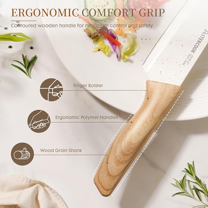 Astercook Knife Set, 13 Pieces Kitchen Knives Set with Ceramic Coating, Stainless Steel Chef Knife Sets with 6 Blade Guards, Dishwasher Safe Knives with Wood Grain Handle, Elegant White