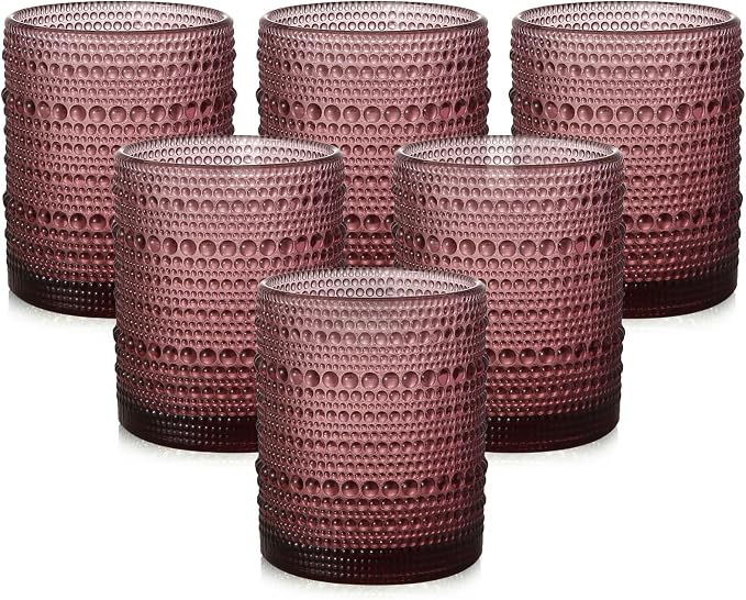 ZMOWIPDL Drinking Glasses Set of 6,12oz Purple Hobnail Glass Cups | Vintage Glassware，Embossed Water Tumbler,for Beer,Cocktail,Whiskey,Juice and Various Mixed Drinks- 1 Cleaning Brush