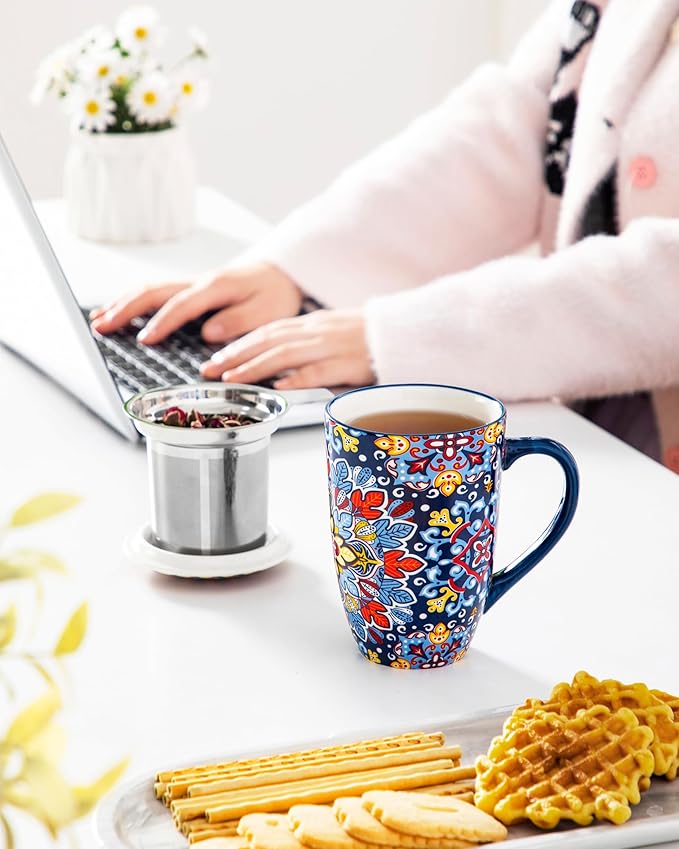 vancasso Ceramic Tea Mug with Infuser and Lid, 18 Ounce Bohemian Loose Leaf Cup, Microwave & Dishwasher Safe, Perfect for Tea, Coffee, Royal-Crimson Flourish