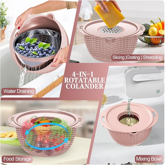 4-1 Strainer Bowl with Lid Set - Strainers and Colanders, Colander for Kitchen, Pasta Strainer, Fruit Cleaner, Veggie Wash, Funny Kitchen Present, Fruit Washing Bowl, Cooking Present for Women - Pink