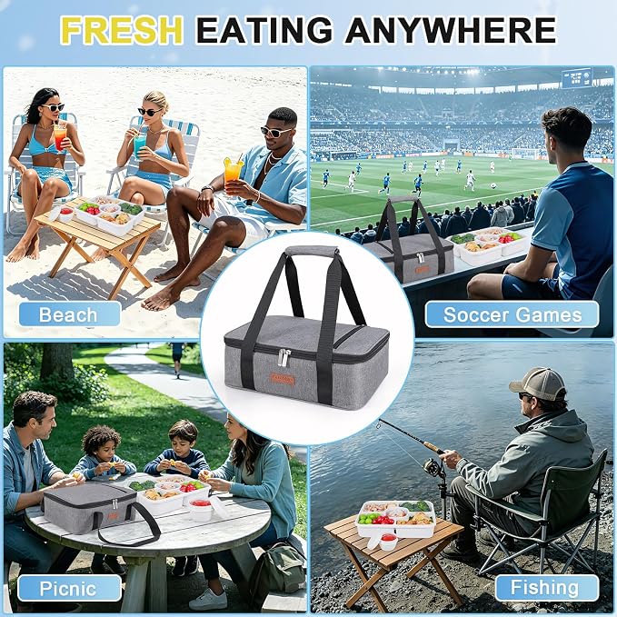 Snackle Box Container with Ice Pack & Insulated Bag - Chilled Snack Tray for Veggie Fruit Snack, Portable Divided Charcuterie with Leak-Proof Clear Lid, Dishwasher Safe, 6+Hrs Cooling