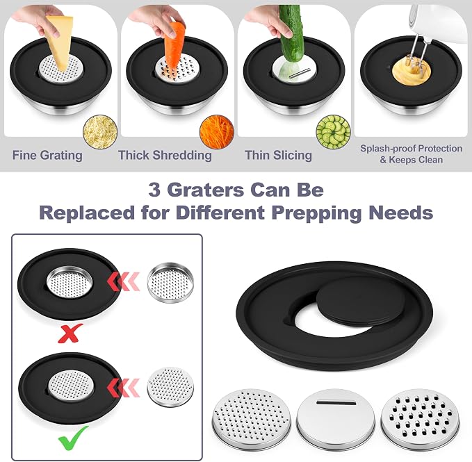 TeamFar Mixing Bowls, Stainless Steel Salad Bowl with Lid & Graters -Black | 6 PCS for Kitchen Baking Serving Prepping, Container for Dough Veggie Fruit, Non-Slip & Nesting, 4.6 /3.5 /2 /1.5 /1 /0.7 QT