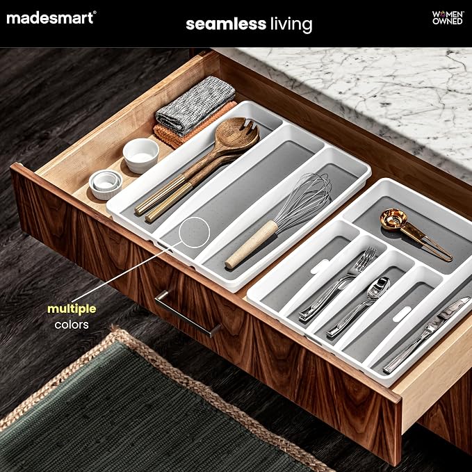 madesmart Classic 3 Compartment Utensil Tray, Carbon | non slip feet, rounded corners, soft grip lining, wide channels, spatulas whisks tongs, ladles serving spoons, woman owned