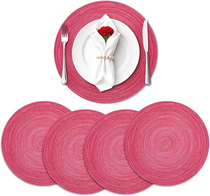 TaroKitc 15 in Round Placemats Set of 4, Washable Woven Placemats Heat Resistant Cotton Polyester Braided Table Mat, Non-Slip Circle Place Mats for Kitchen Dining Table Decor - Pink