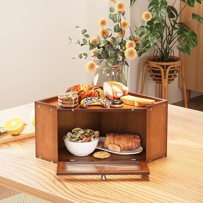 Trironsun Corner Bamboo Bread Box for Kitchen Counter Large Capacity Rustic Bread Storage Container with Wavy Arcylic Transparent Door Vintage Storage for Homemade Bread (Brown)