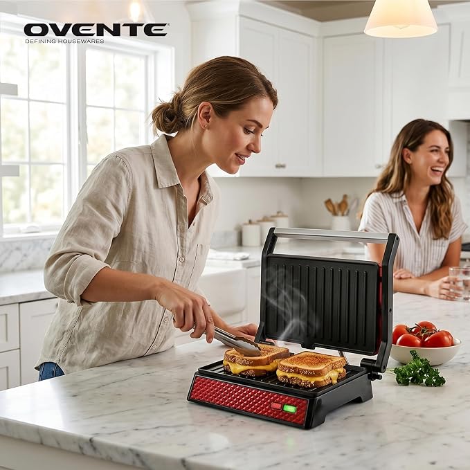OVENTE Electric Indoor Panini Press Grill + Sandwich Maker, Red GP0620R | Opens 180 Degrees to Fit Any Type or Size of Food, 1000W Indoor Cooking Perfect for Quesadillas, Burgers & More