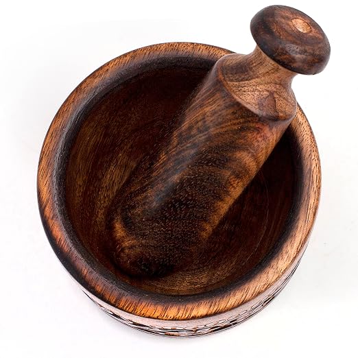 Handmade Wooden Mortar & Pestle Set, Herb Spice Garlic Masala Grinder Bowl | Rustic manual kharal crusher for ginger, peppercorns, seasonings, pesto, guacamole, pill crusher, easy to clean, kitchen prep