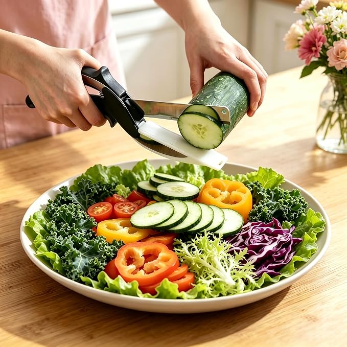 2-in-1 Kitchen Scissors with Cutting Board,Salad scissors. | Detachable Blades.Safety Lock, Dishwasher Safe Portable food cutter sharp slicer for vegetable, fruit, meat, light meal.