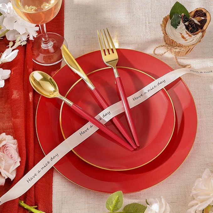 350 PCS Red Plastic Dinnerware Set, Red and Gold Rim Disposable Plates for 50 Guests, Include 100 Plates with 150 Plastic Cutlery, 50 Napkins and 50 Cups
