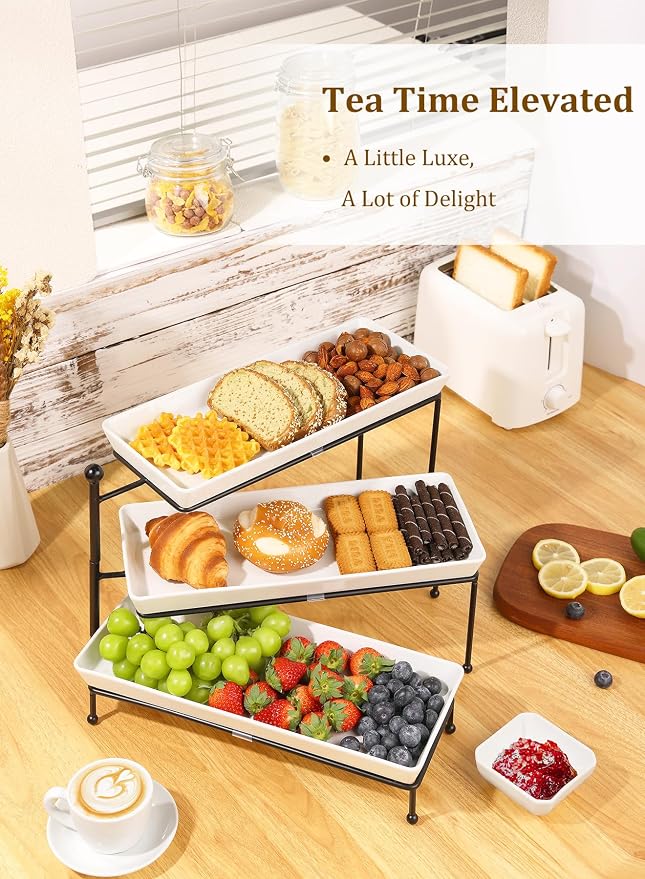 Tiered Serving Tray for Party, 14 Inch Dessert Display Stand, Black | 3*Porcelain Durable Serving Plates, Microwave/Dishwasher Safe, Modern Cupcake Fruit Buffet Display, Wedding/Tea/Party serving