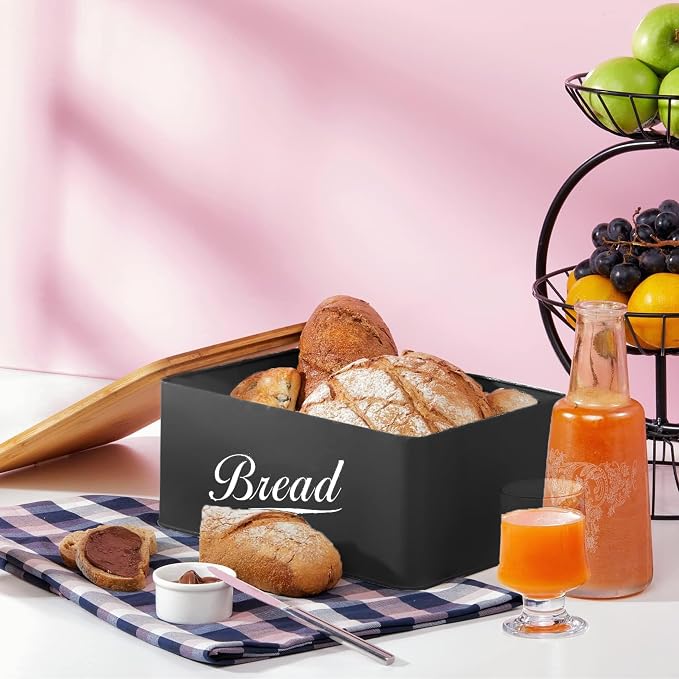 RoyalHouse Modern Metal Bread Box with Bamboo Cutting Board Lid | Bread Storage Container for Kitchen Counter, Vintage Kitchen Decor Organizer - Black