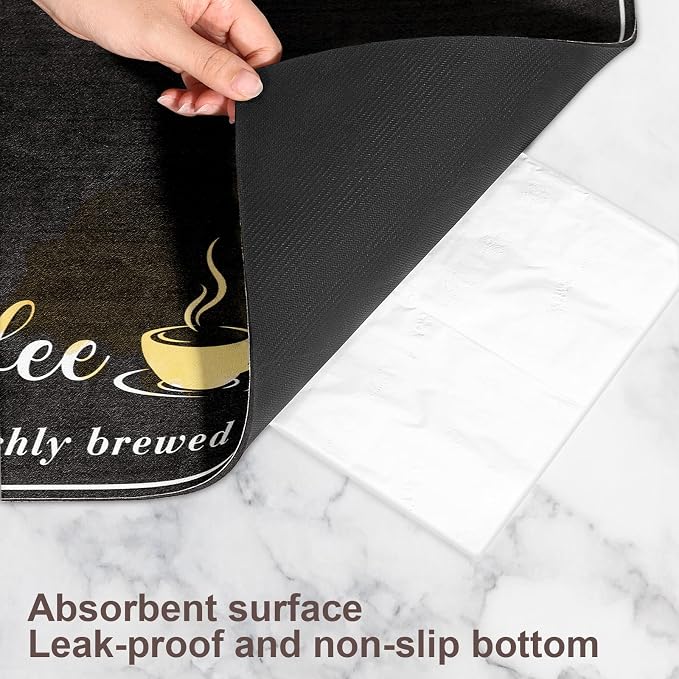 CooRug Fashion Coffee Mat, Dish Drying Mat 12" x 20" Black | Hide Stain, Absorbent, Coffee Bar Accessories, Heat Resistant, Non-slip, Eco-friendly, Easy to Clean