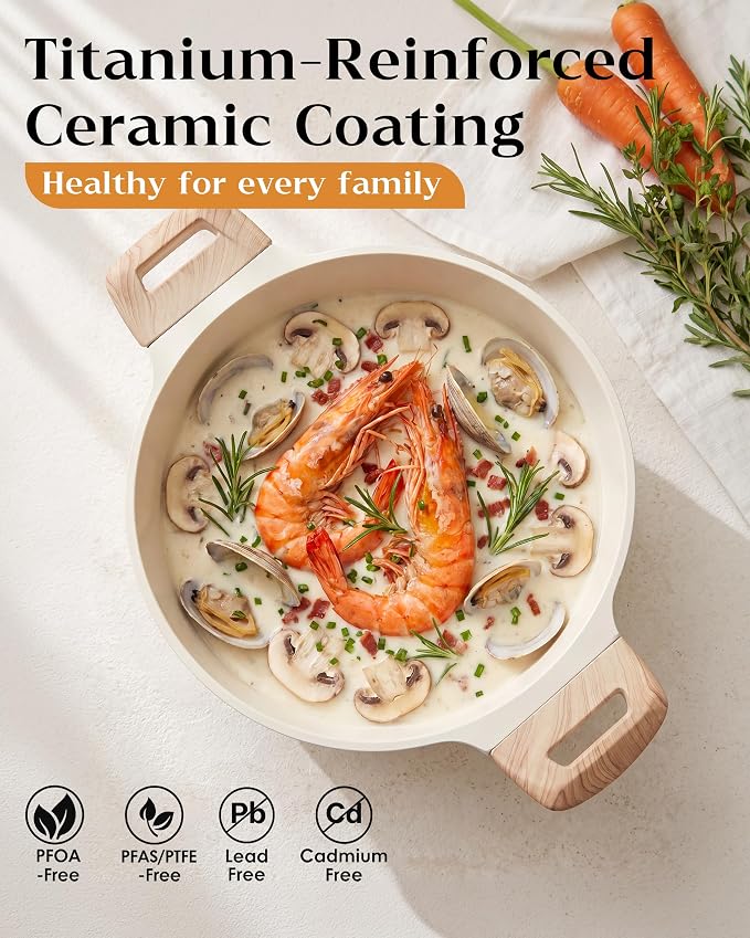 FDN Titanium Ceramic Cooking Pot with Lid, Pfos & Pfoa Free Nonstick Stock Pot, Large Soup Pot, Big Pots for Cooking, Multipurpose Cookware, Ollas Antiadherentes Para Cocinar, Cacerolas, White