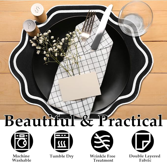 6 Pcs Black Wedding Placemats Scalloped Embroidered Cotton Linen Placemats 17" x 13" Double Layered Machine Washable Table Place Mat for Party Table Decor (White,Cotton)