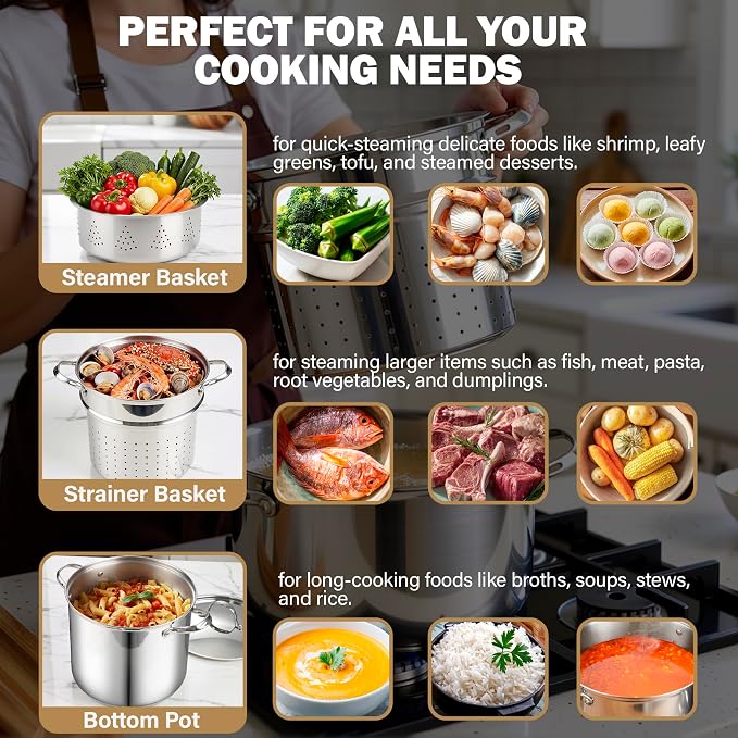 Cooks Standard 12 Quart Pasta Pot Set 4-Piece 18/10 (304) Stainless Steel | Multipurpose Stock Pot with Strainer Insert & Steamer Basket, Spaghetti Cooker with Lid, Induction Compatible