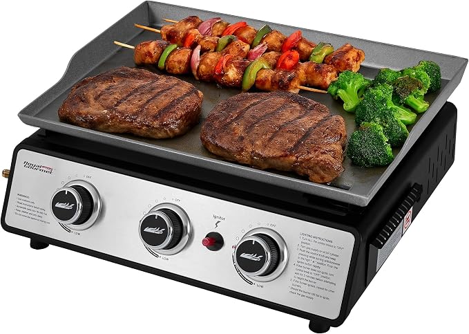 Royal Gourmet PD1301S Portable 3-Burner Tabletop Gas Griddle | 25,500 BTU Cooking Power, 304 Sq. In. Cooking Surface | Ideal for Camping & Tailgating, Black & Silver