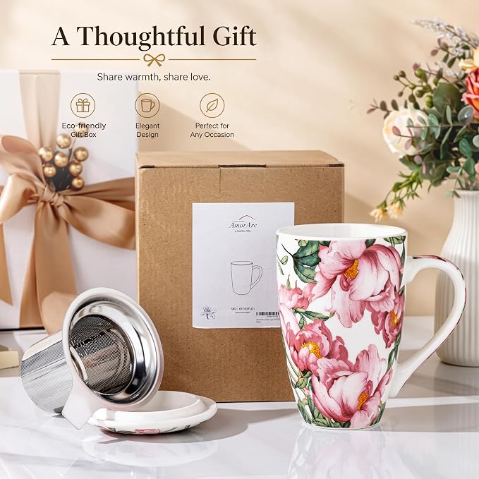 AmorArc Tea Cup With Infuser and Lid, 18oz Loose Leaf Tea Mug With Steeper | Porcelain Tea Mug With Infuser and Lid, Strainer Tea Cup for Tea Lovers, Home & Office, Housewarming Birthday Gift