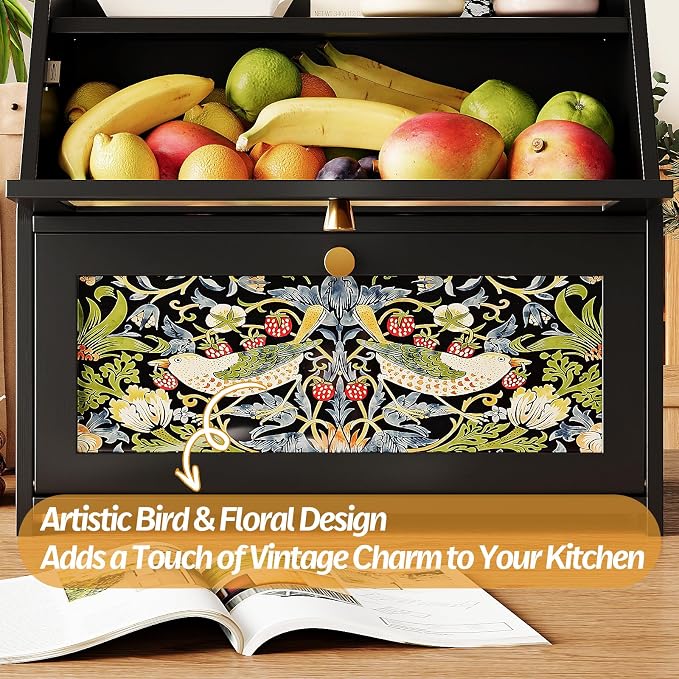 Trironsun Bamboo Bread Box for Kitchen Counter Black Bread Storage Container with Acrylic Door William Morris Flower Bird Design Farmhouse Breadbox Organizer (Black, 2 Layer)