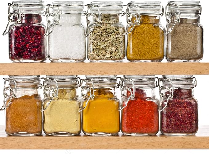 SPANLA Spice Jars, 24 Pack 4oz Small Glass Jars with Airtight Hinged Lid, With 24 Spice Labels & Silicone Funnels, Airtight Glass Jars for Spices, Condiments Herb Seasoning Art Craft Storage