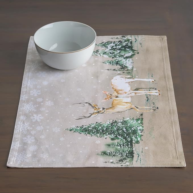 Maison d' Hermine Placemats Set of 4 Reusable 100% Cotton (13"x19") | Cloth Place Mats Washable Table Mats for Kitchen Dining Party Wedding Hotel Home Thanksgiving Christmas - Deer In The Woods