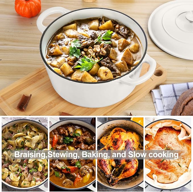 E-far 6 Quart Dutch Oven, Enameled Cast Iron Dutch Oven Pot with Lid, Nonstick Round Cookware for Braising/Stews/Roasting/Bread Baking/Cooking, Heavy Duty, Induction & Oven Safe - White