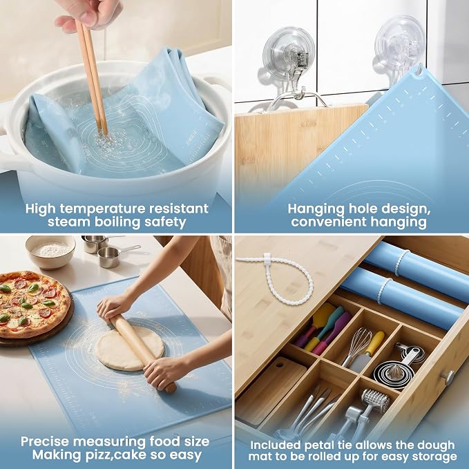 32x24 Silicone Rolling Mat Non-Stick Food Grade Baking Mat w/Measurements | Non-slip edges, heatproof silicone, nonstick, measuring guides, oven/dishwasher safe, tearproof, easy clean.