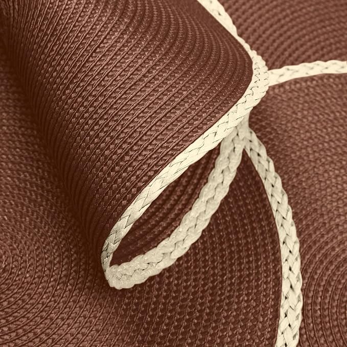 Round Placemats Set of 6, Woven Table Mats, Thin Edge, Chestnut Brown | Braided Paper Edge, 15 Inch Diameter, Fits Dinner Plate and Flatware, Wipeable, Heat Resistant, Indoor Dining, Outdoor Patio